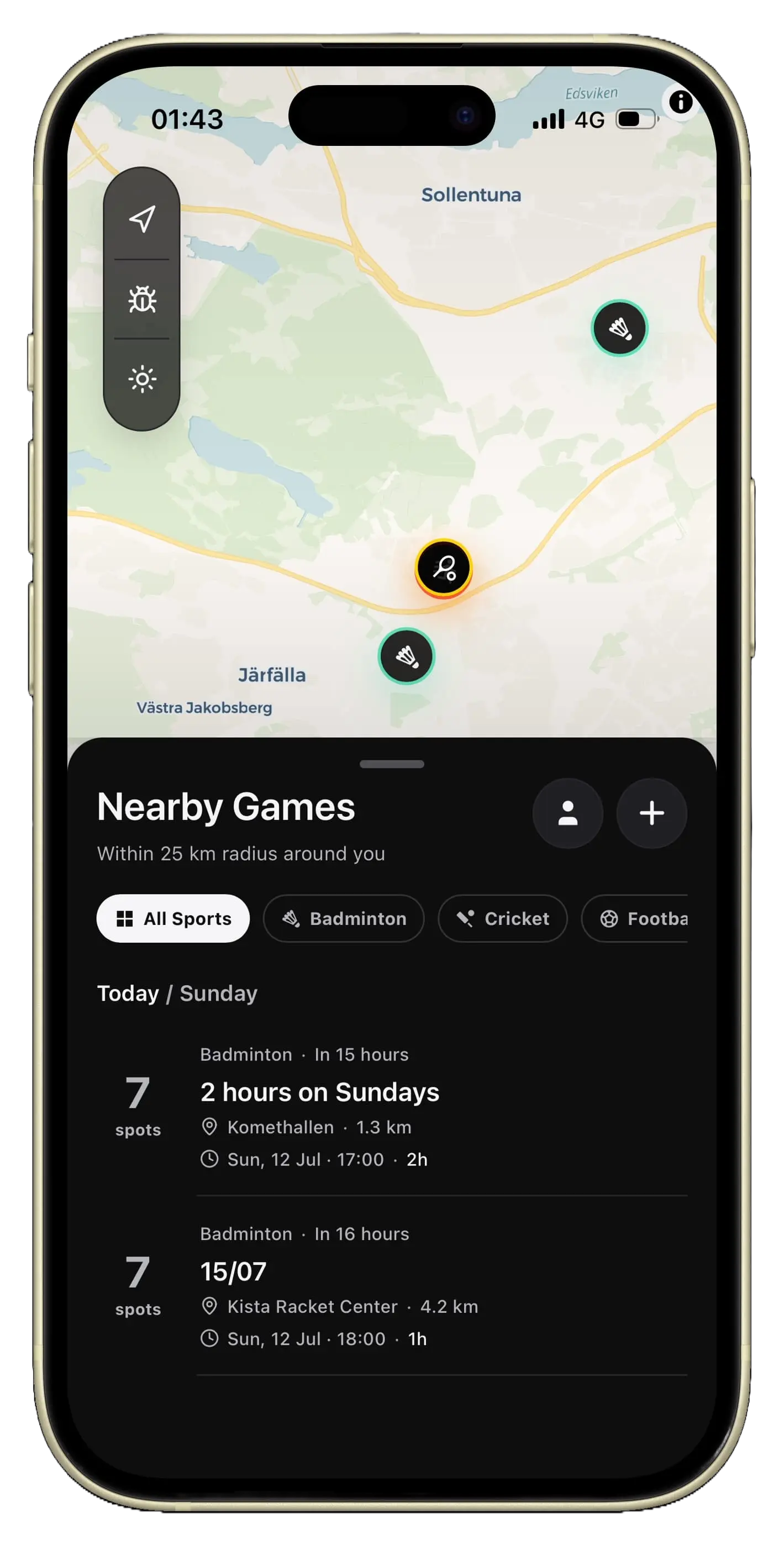 Game On map showing nearby pickup games